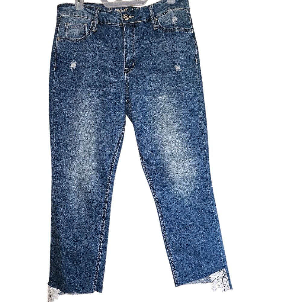 Copperflash Womens Jeans  Size 10  Murray Straight Cut-Off Crops ‎ Lace Hem Blue
